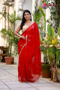 Red Pure Chiffon Rajputi Aari Tari Saree for Red Puja Sarees | Festive Pick