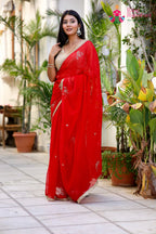 Red Pure Chiffon Rajputi Aari Tari Saree for Red Puja Sarees | Festive Pick