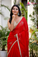 Red Pure Chiffon Rajputi Aari Tari Saree for Red Puja Sarees | Festive Pick