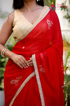 Red Pure Chiffon Rajputi Aari Tari Saree for Red Puja Sarees | Festive Pick