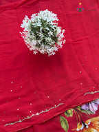design pattern of red pure chinon hand embellishment saree