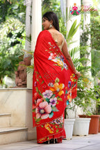 Red Pure Chinon Hand Embellishment Saree for Red Puja Sarees | Buy Online