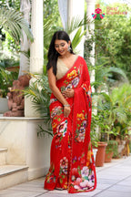 Red Pure Chinon Hand Embellishment Saree for Red Puja Sarees | Buy Online