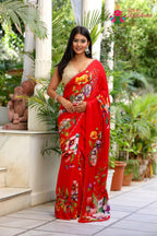 Red Pure Chinon Hand Embellishment Saree for Red Puja Sarees | Buy Online