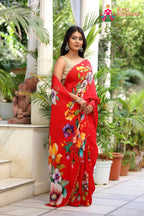 Red Pure Chinon Hand Embellishment Saree for Red Puja Sarees | Buy Online