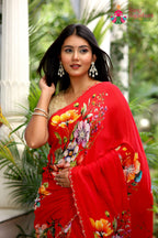 Red Pure Chinon Hand Embellishment Saree for Red Puja Sarees | Buy Online