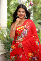 Red Pure Chinon Hand Embellishment Saree for Red Puja Sarees | Buy Online
