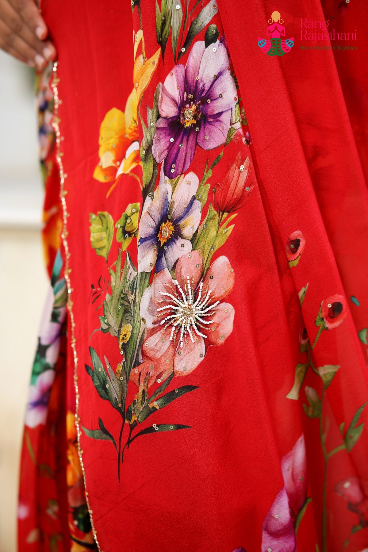 Red Pure Chinon Hand Embellishment Saree for Red Puja Sarees | Buy Online