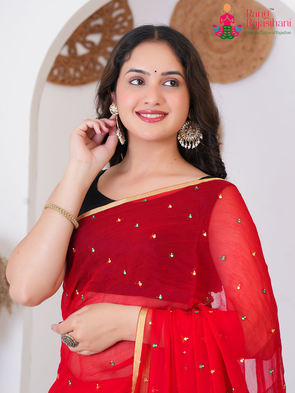 Red PureChiffon saree with Mirror close up detailing