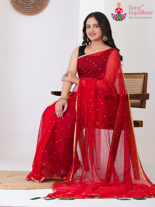 Red Pure Chiffon Mirror Saree for Wedding Guest | Curated Look main-image
