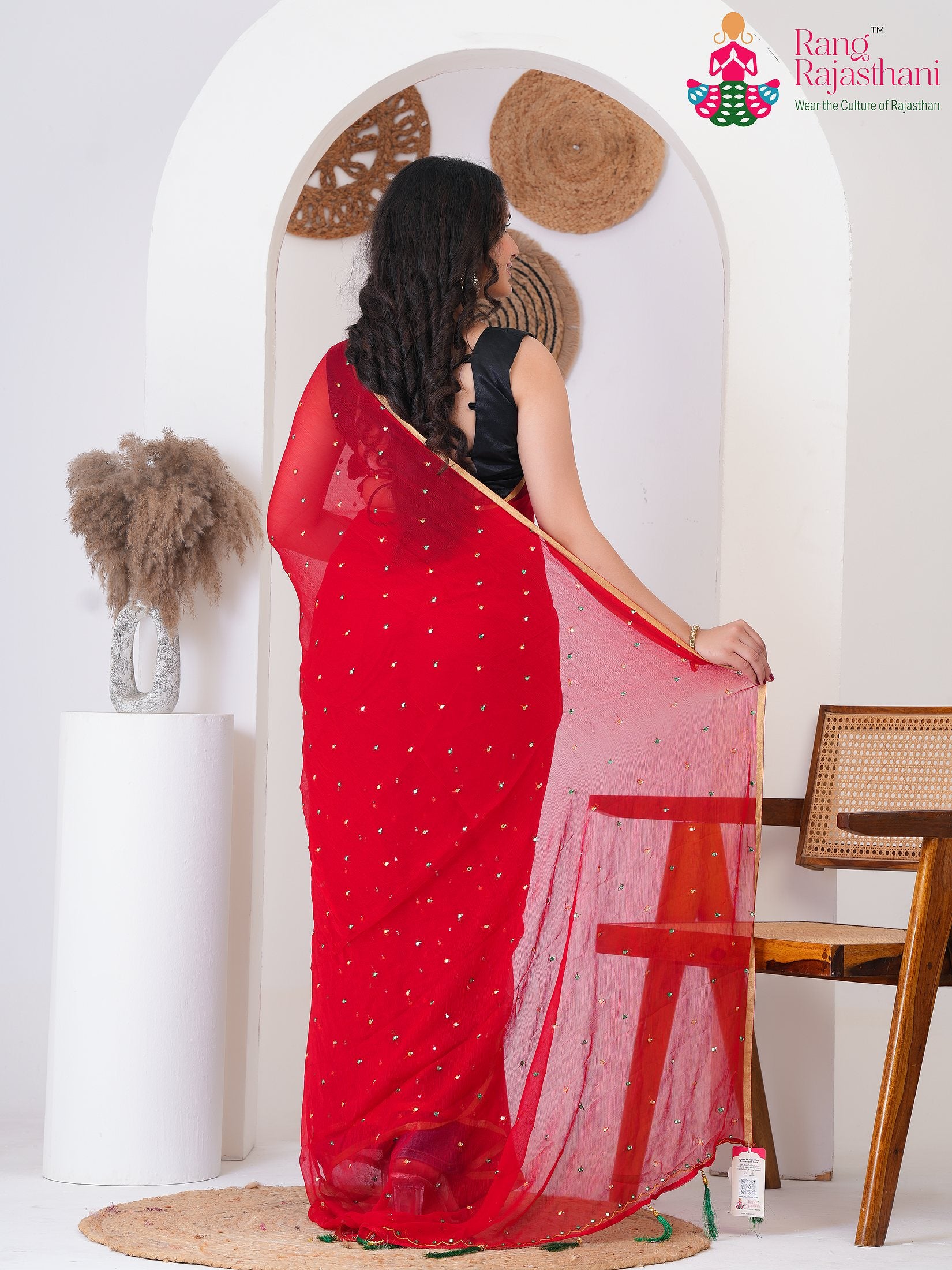 Red PureChiffon saree with Mirror back view