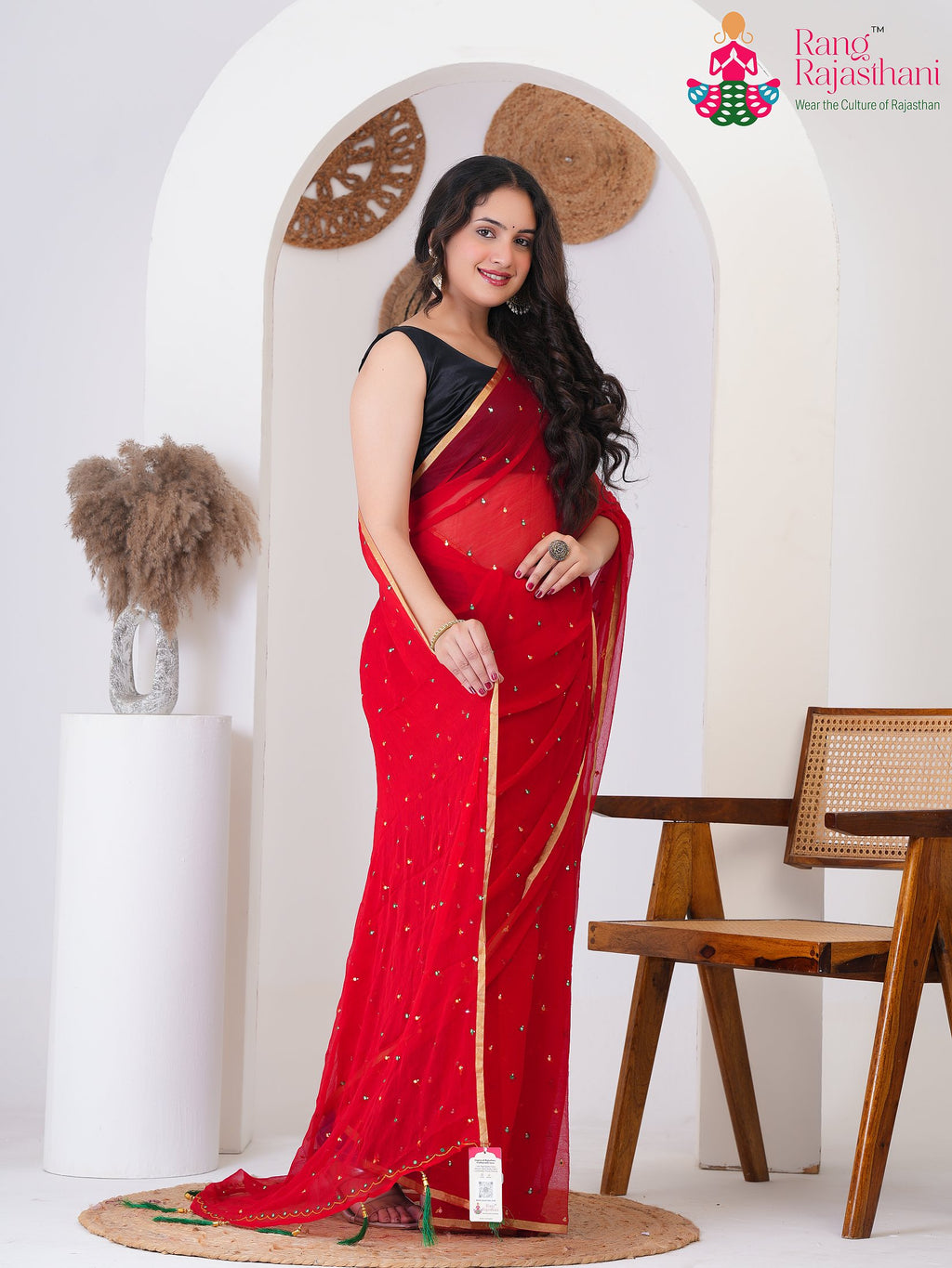 Red PureChiffon saree with Mirror side drape view