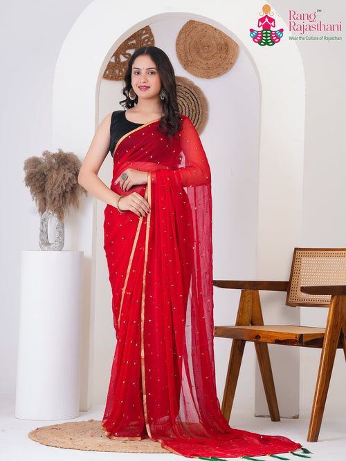 Red Pure Diamond Chiffon Mirror Handwork Saree : Bridal Spark