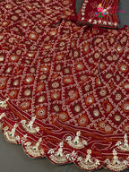 red pure dola silk bandhani lehenga chunni ethnic wear by Rang Rajasthani