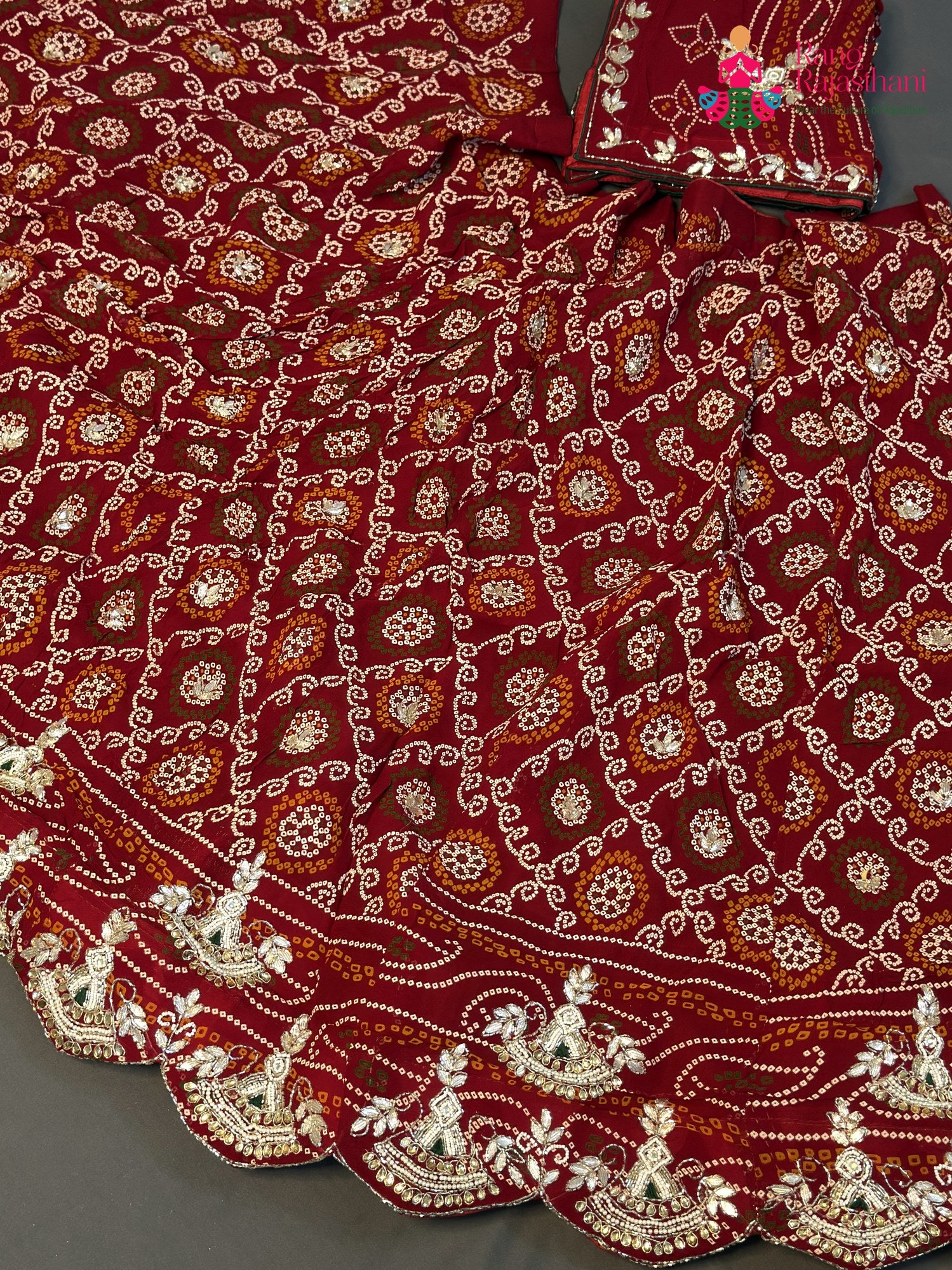 red pure dola silk bandhani lehenga chunni ethnic wear by Rang Rajasthani