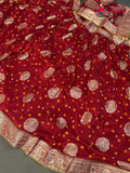red pure dola silk bandhani lehenga chunni ethnic wear by Rang Rajasthani