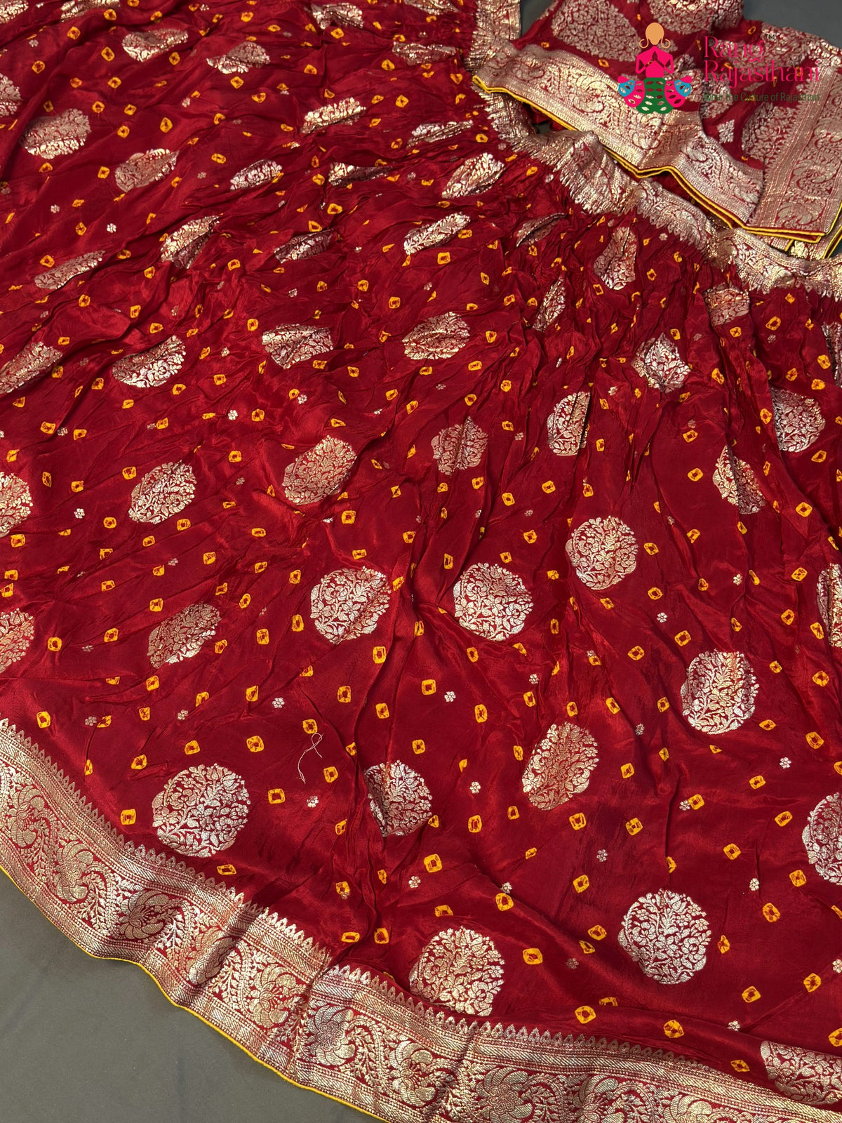 red pure dola silk bandhani lehenga chunni ethnic wear by Rang Rajasthani