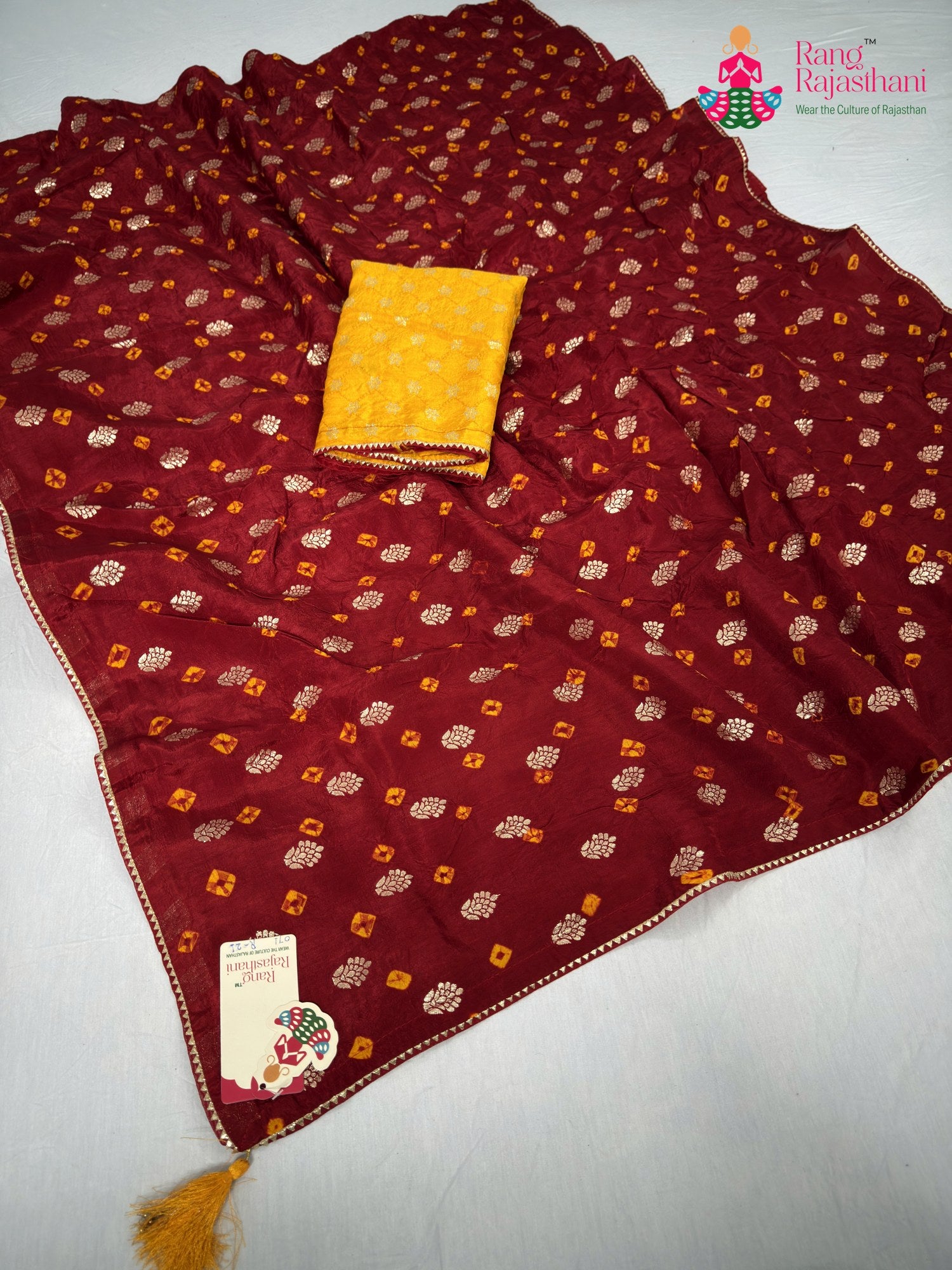 red pure dola silk bandhani saree for motherhood ceremony by Rang Rajasthani