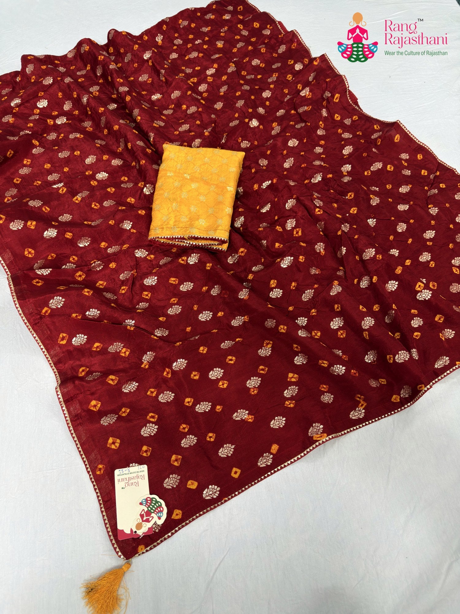border detailing of red pure dola silk bandhani saree