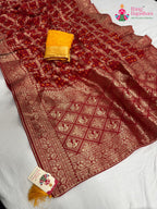 red pure dola silk zari embroidery saree for bridal wear by Rang Rajasthani