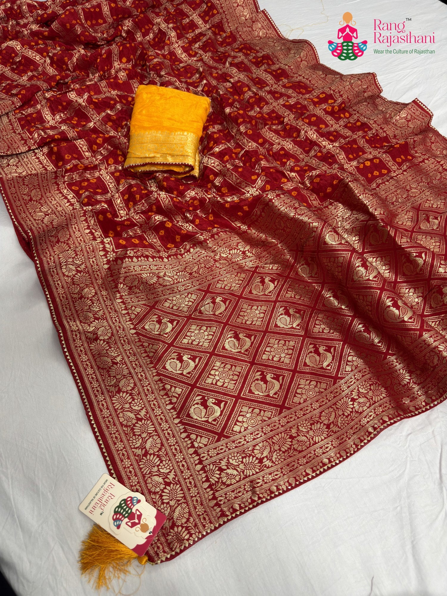 red pure dola silk zari embroidery saree for bridal wear by Rang Rajasthani