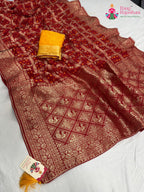 close up detailing of red pure dola silk zari embroidery saree