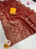 complete look of red pure dola silk zari embroidery saree