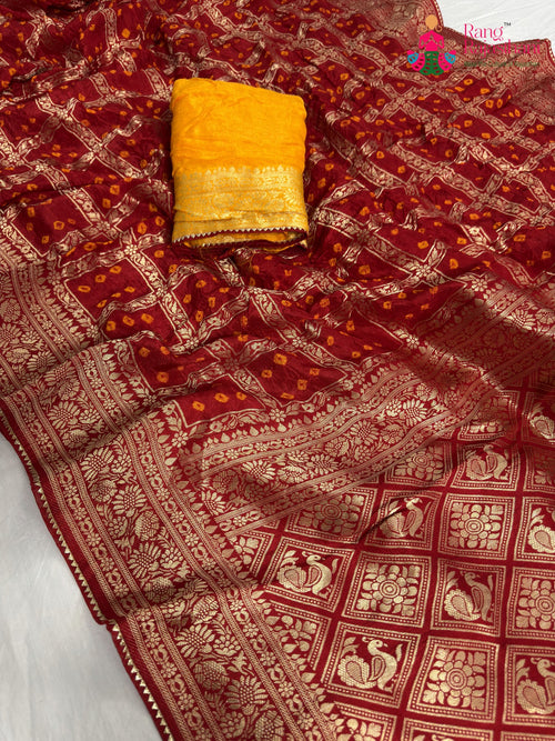 Red Pure Dola Silk Zari Embroidery Saree : Easy Flow main-image