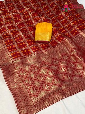 Red Pure Dola Silk Zari Embroidery Gharchola Saree for Bridal | Heritage Edit