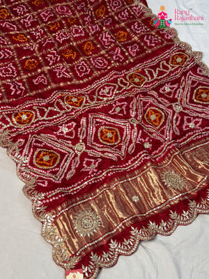 Red Pure Gaji Silk Hand Tie Dye Bandhani Chunri Saree for Bridal | Luxe Drape