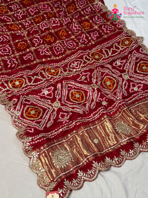 Red Gajji Silk Bandhani Chunri Saree for Bridal | Luxe Drape main-image
