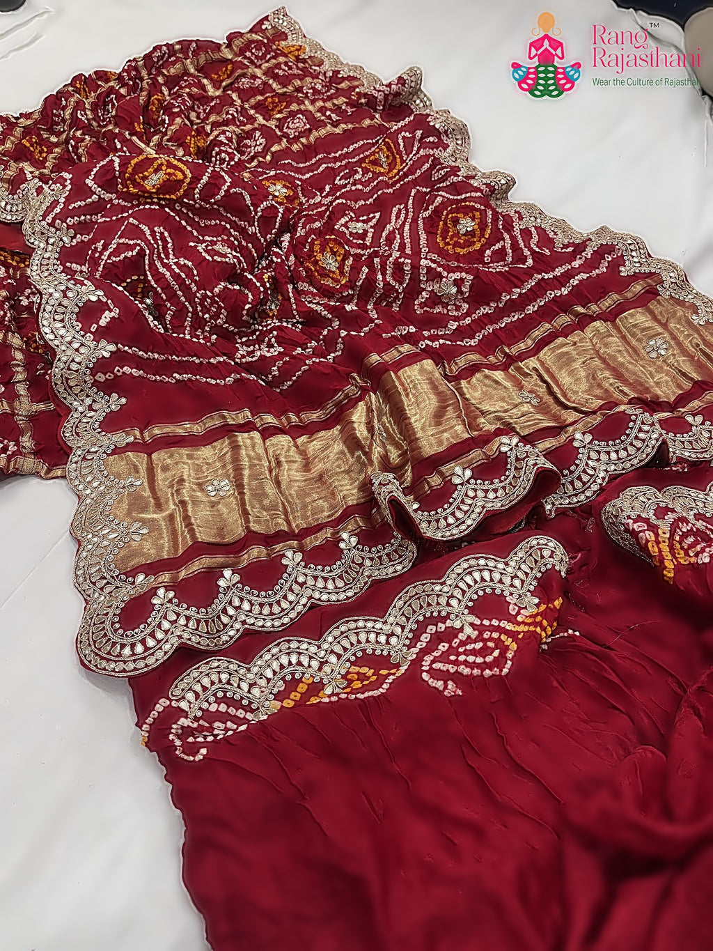 close up detailing of red pure gajji silk gota patti saree 