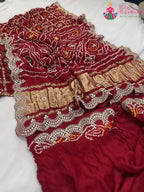 close up detailing of red pure gajji silk gota patti saree 