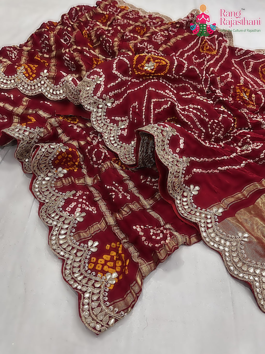 pallu detailing of red pure gajji silk gota patti saree 