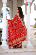 Red Pure Gaji Silk Hand Tie Dye Bandhani Gharchola Saree for Mayra Ceremony | Fashion Edit