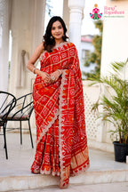 Red Pure Gaji Silk Hand Tie Dye Bandhani Gharchola Saree for Mayra Ceremony | Fashion Edit