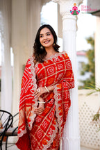 Red Pure Gaji Silk Hand Tie Dye Bandhani Gharchola Saree for Mayra Ceremony | Fashion Edit