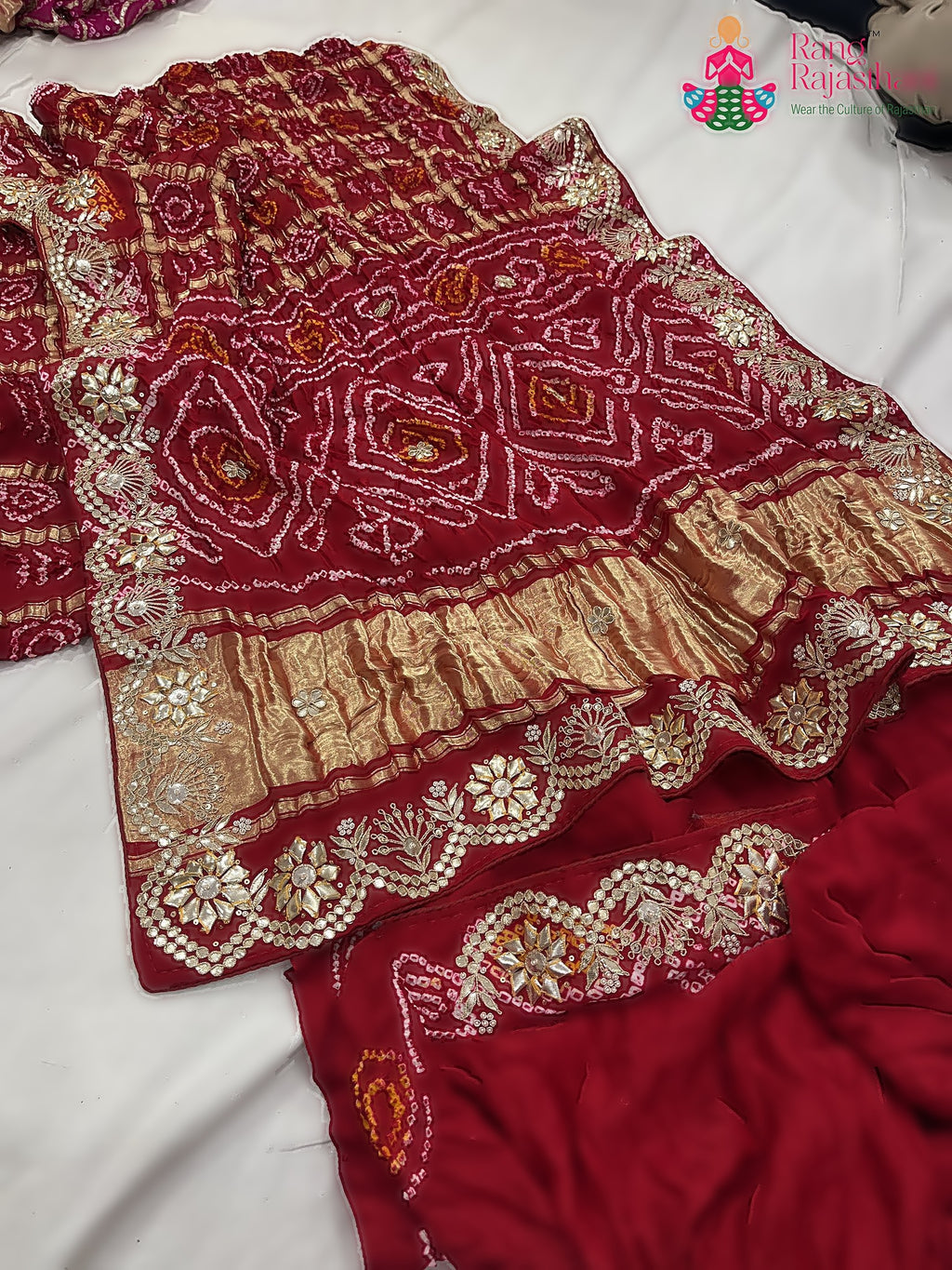 Red Pure Gaji Silk Gota Patti Work Saree : Rich Balance
