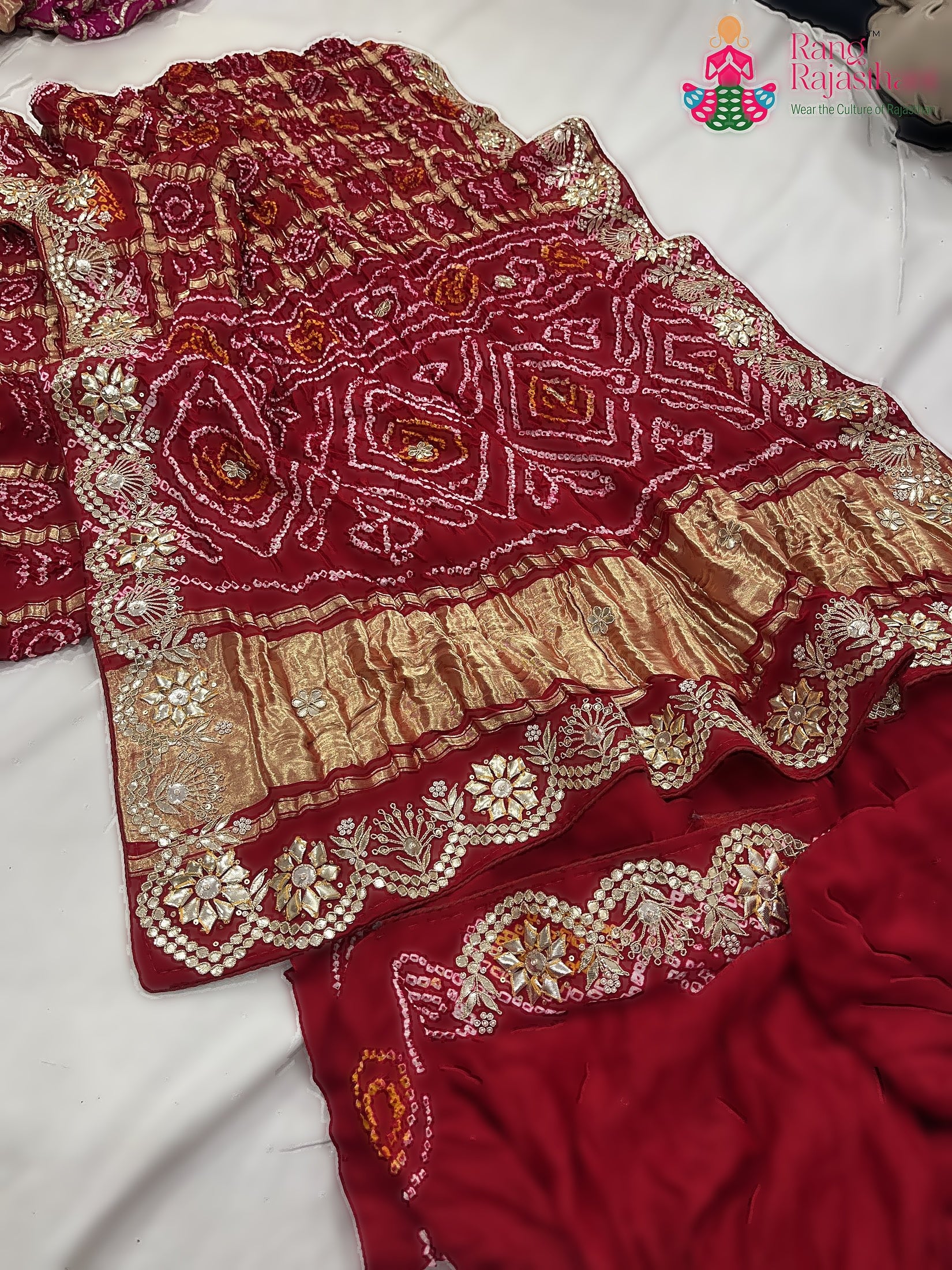 Red Pure Gaji Silk Gota Patti Work Saree : Rich Balance