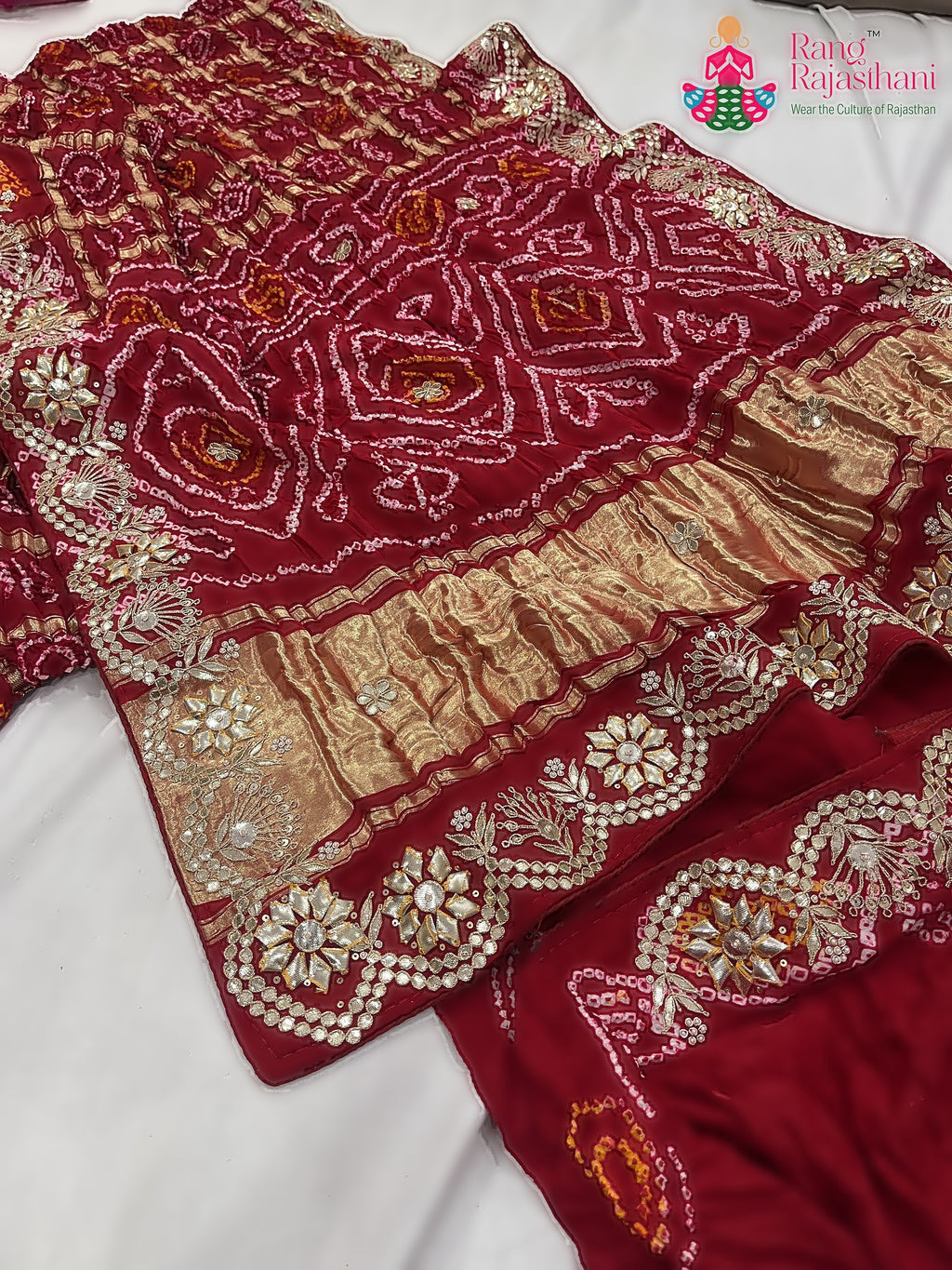 Red Pure Gaji Silk Gota Patti Work Saree : Rich Balance