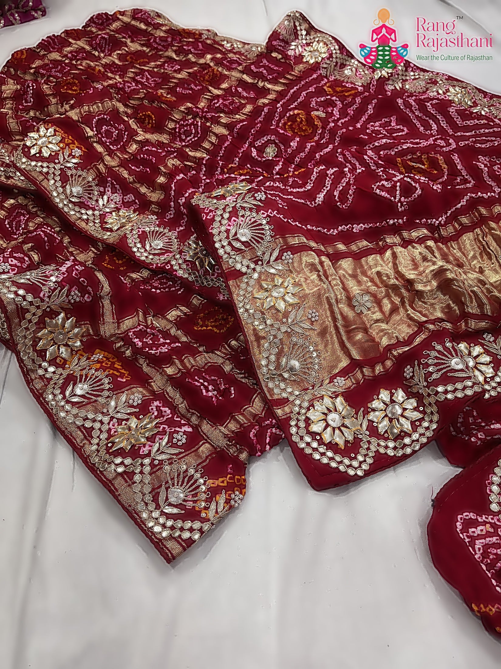 Red Pure Gaji Silk Gota Patti Work Saree : Rich Balance