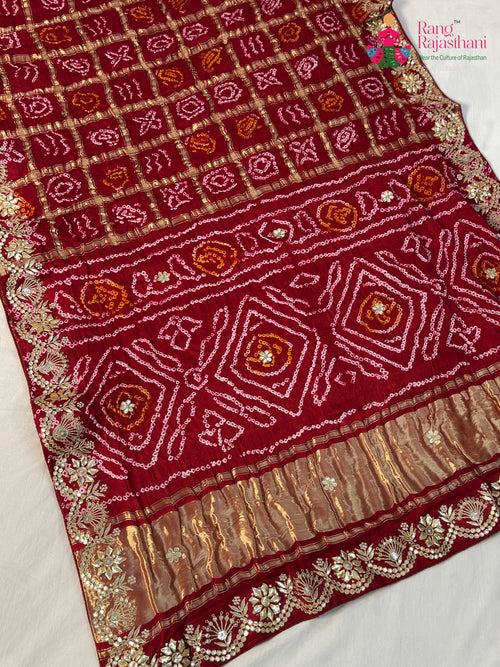 Red Pure Gaji Silk Hand Tie Dye Bandhani Gharchola Saree for Mayra Ceremony | Style Edit main-image