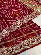 close up view of red pure gaji silk gota patti saree
