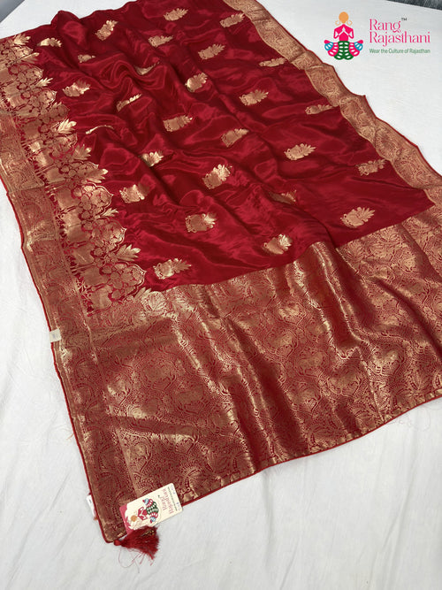 Red Pure Ho Silk Banarasi Zari Weave Saree : Clean Charm main-image