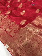 close up detailing of red pure ho silk banarasi zari weave saree