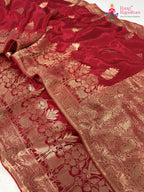 border detailing of red pure ho silk banarasi zari weave saree