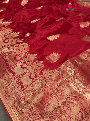 Red Pure Ho Silk Banarasi Zari Weave Saree for Wedding Reception | Statement Drape