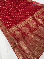 pallu detailing of red pure ho silk banarasi zari weave saree