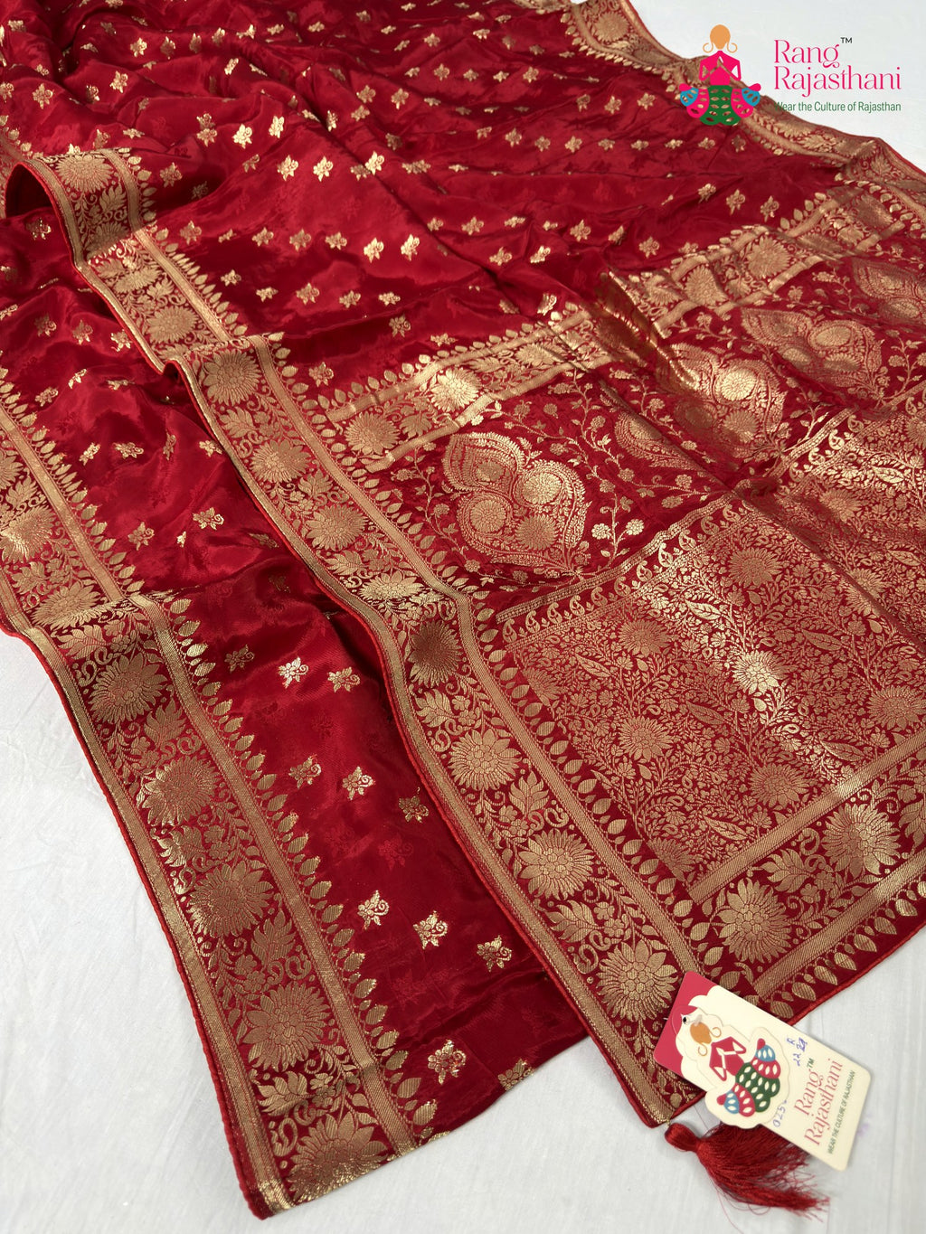 complete look of red pure ho silk banarasi zari weave saree