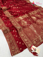 complete look of red pure ho silk banarasi zari weave saree